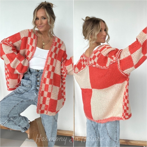 Plaid & Cozy Days Cardigan - Red Orange - Picture 2 of 9